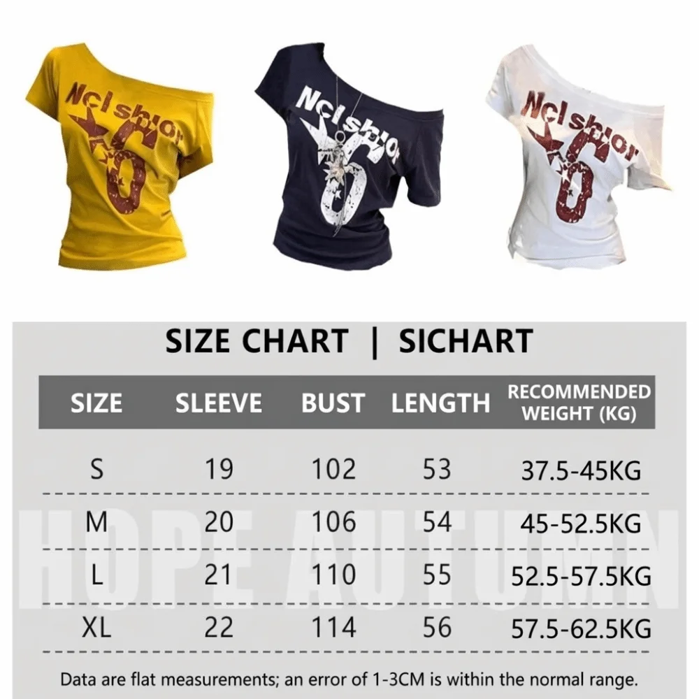 Fashion Y2k Off Shoulder Top Skew Collar Body Basic Short Sleeve Letter Print T Shirt Vintage Style image 6