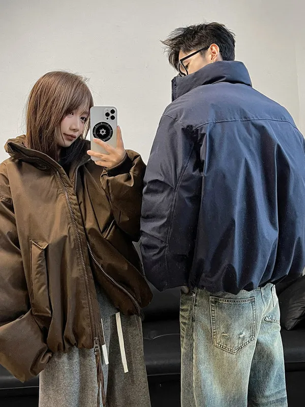 

Warm Cotton Jaet Men's Loose Fit Stand Collar ort Sle Pure Color Winter Coat Polyester Fiber Youth Faion Thiened Zi...