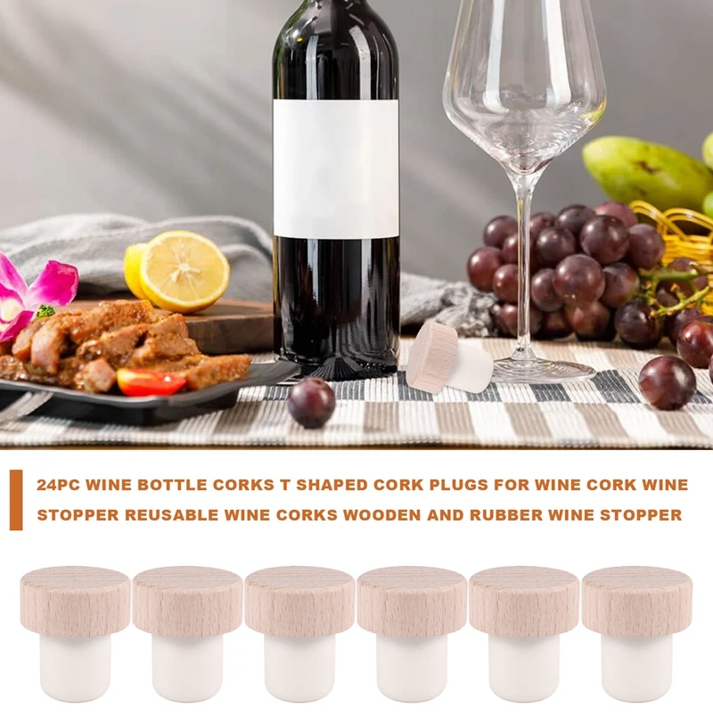 24Pc Wine Bottle Corks T Shaped Cork Plugs For Wine Cork Wine Stopper Reusable Wine Corks Wooden And Rubber Wine Stopper