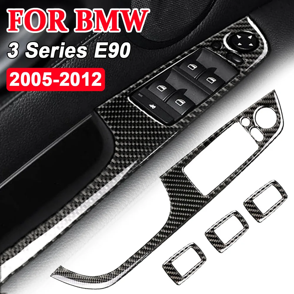 4Pcs Auto True Carbon Fiber Window Lift Panel Switch Frame Stickers Trim Car Interior Accessories For BMW 3 Series E90 2005-2012