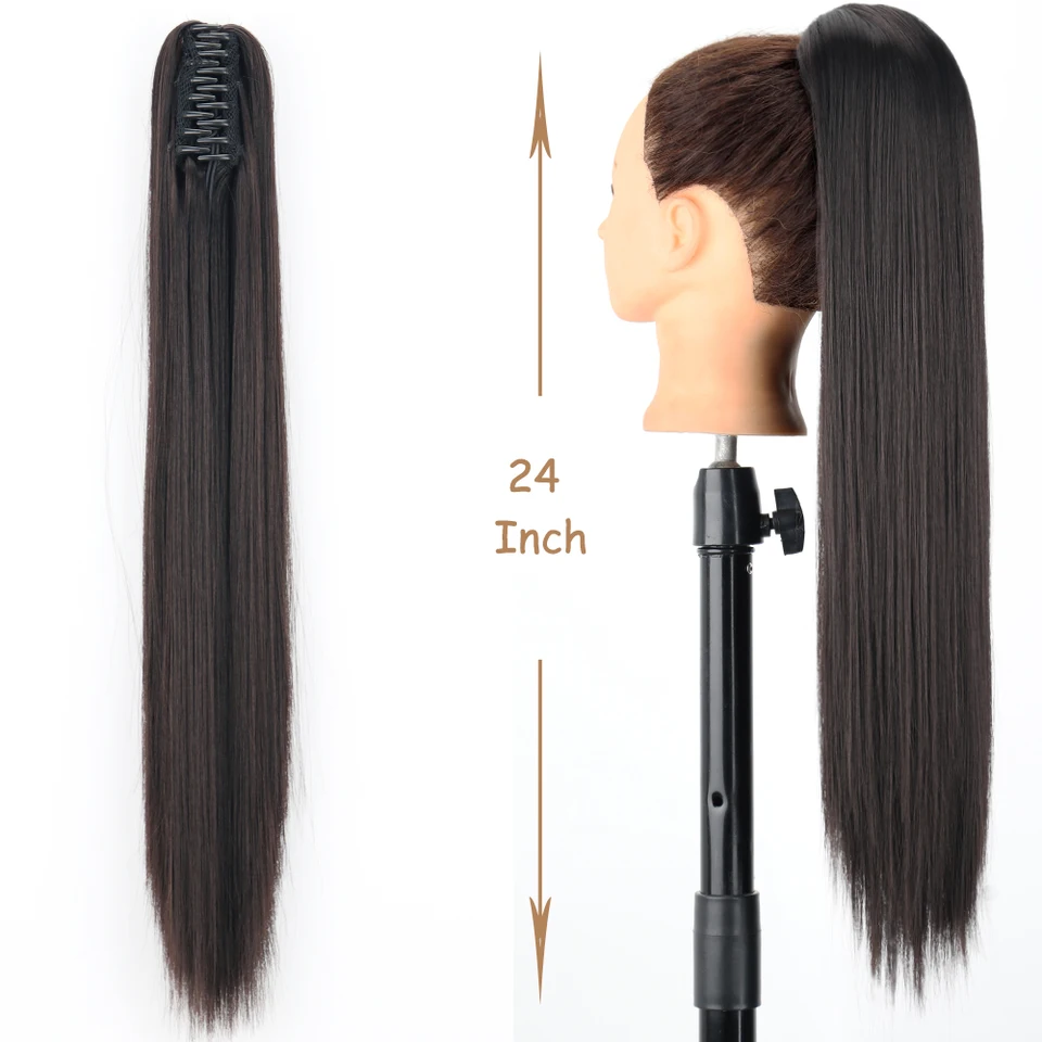 Coleta postiza con clip de 24 pulgadas, lacia, para mujer, en negro y marrón 2