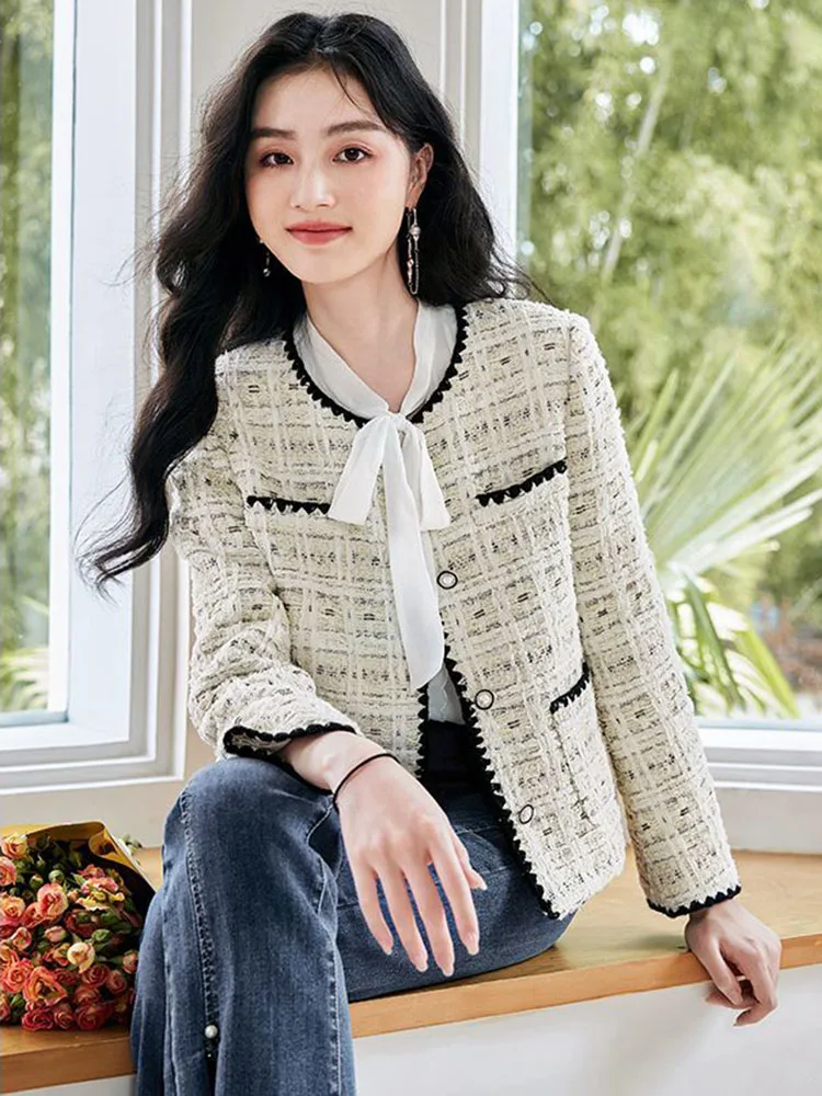 Korean Elegant O-neck Tweed Jackets Tops Women Casual Woolen Long Sleeve Coats Spring Fall Wool Blend Single Breasted Abrigos