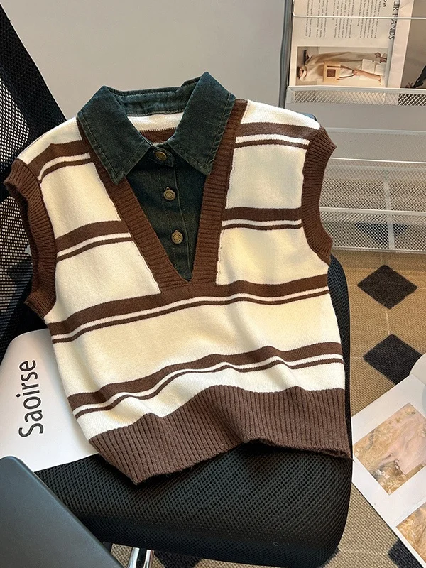 Women's  Collar Stripe Denim Knitted Vest Autumn Winter Fashion Casual Style Outerwear Sweater Jacket New 2026 Model