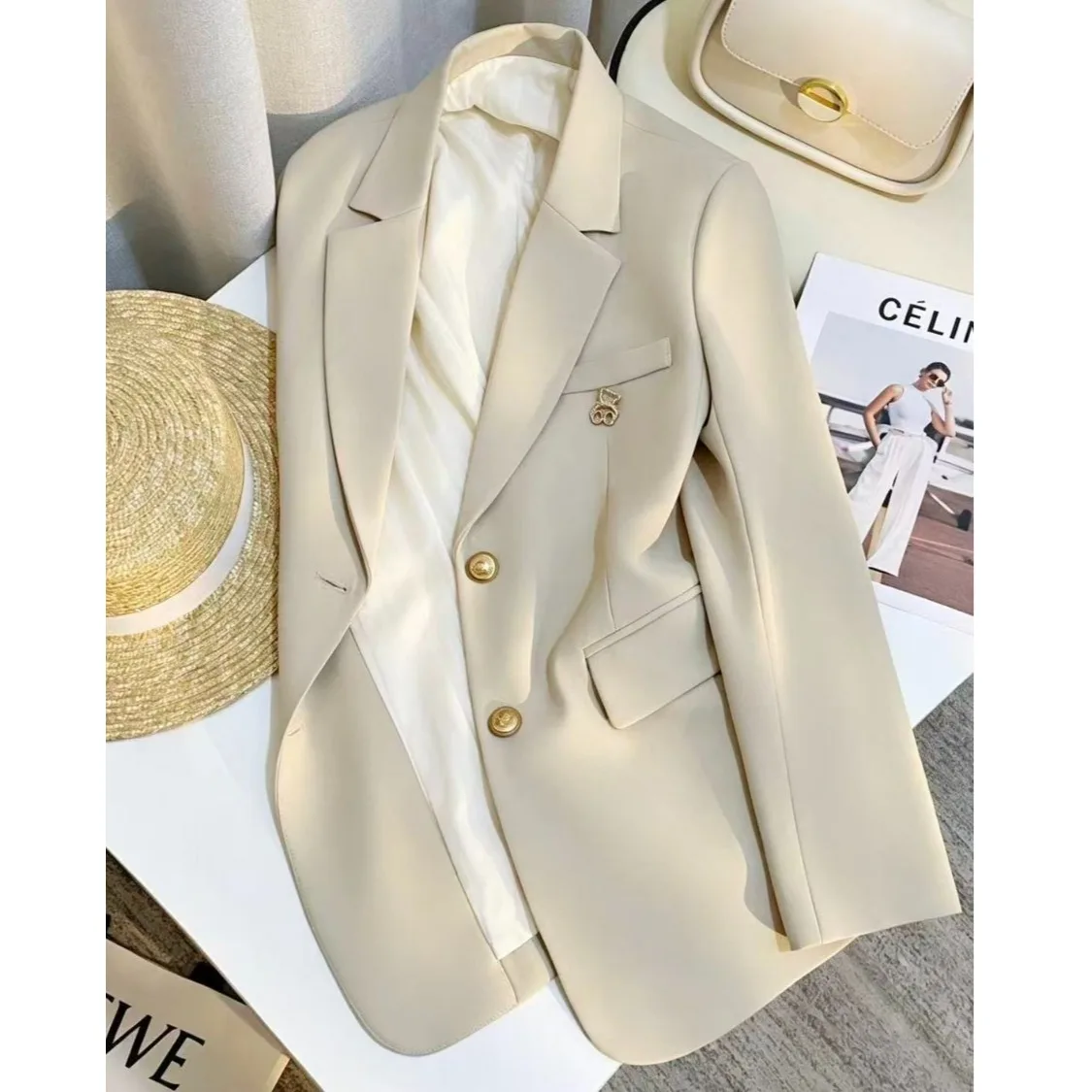 Casual Loose Women's Suit Jacket 2026 Design Spring Autumn Korean Style High Quality Fashionable Standard Fit Polyester Fiber