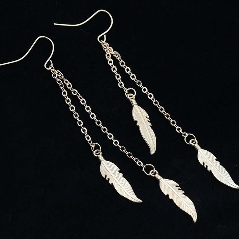 Vintage Feather Tassel Long Dangle Earrings for Women Fashion Silver Color Leaf Metal Drop Earrings Simple Statement Jewelry