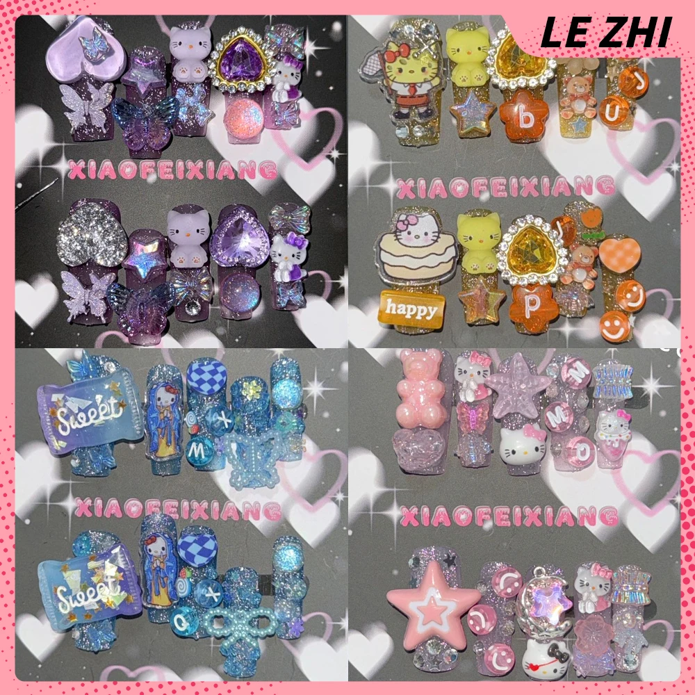 

10Pcs Spicy Girl Sanrio Hello Kitty Handmade Reusable Press On Nails Cartoon Bear Cat Bowknot Diamond Flower Nail Party Sticker