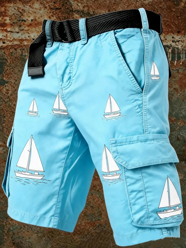 

Mens Cargo Shorts with Sailboat Print Light Blue Summer Beach Loose Fit Multi Pockets Elastic Waist Vacation Shorts with Belt