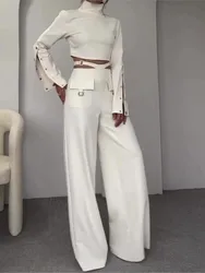 Spring and Autumn New Solid Color Button Slim Fit Pants Set for Women's Fashion Hollow Short Top Wide Leg Pants Two piece Set