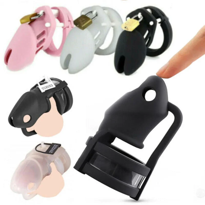 Male Silicone Chastity Cock Cage Penis Belt Lockable Device with 5 Cock Ring Penis Sleeve Lock Bondage Sex Toys for Men