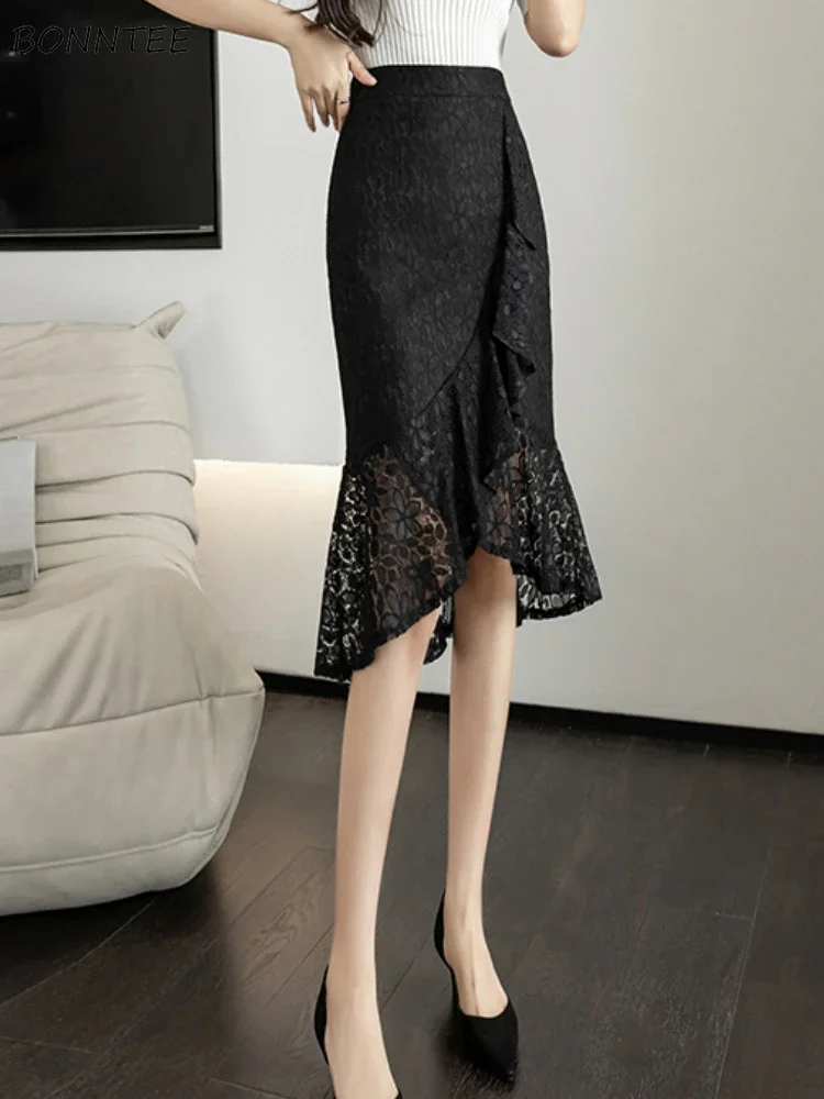 

Black Lace Skirts Women Office Lady Elegant Mermaid Faldas Sexy High Waist Temper Ruffles Design All-match Korean Fashion Mujer