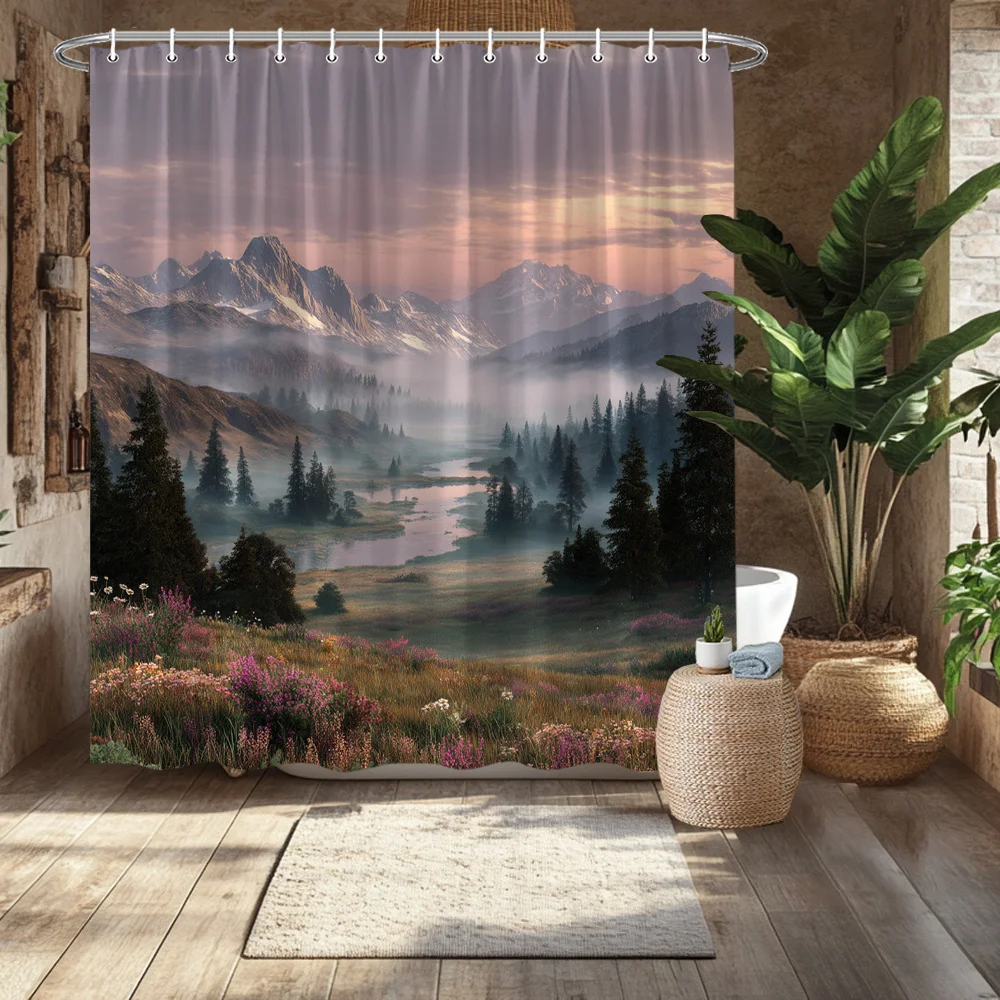 Shower Curtain Mountain Landscape Snow-Capped Peaks Pine Trees Flowering Meadows Misty Valley Polyester 70.8x70.8 Inch