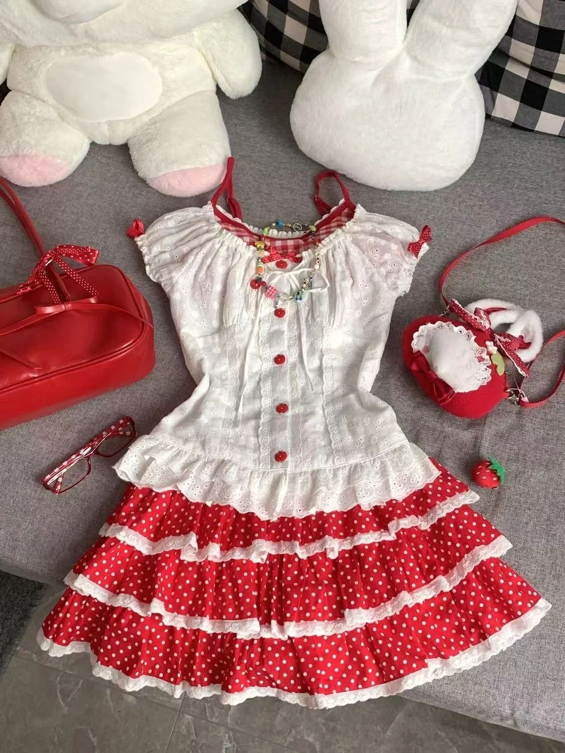 American Vintage Y2K 2‑Piece Sets 2026 Japanese Kawaii Crop Top Blouse and Mini Skirts Sweet Holiday Casual Outfits for Women