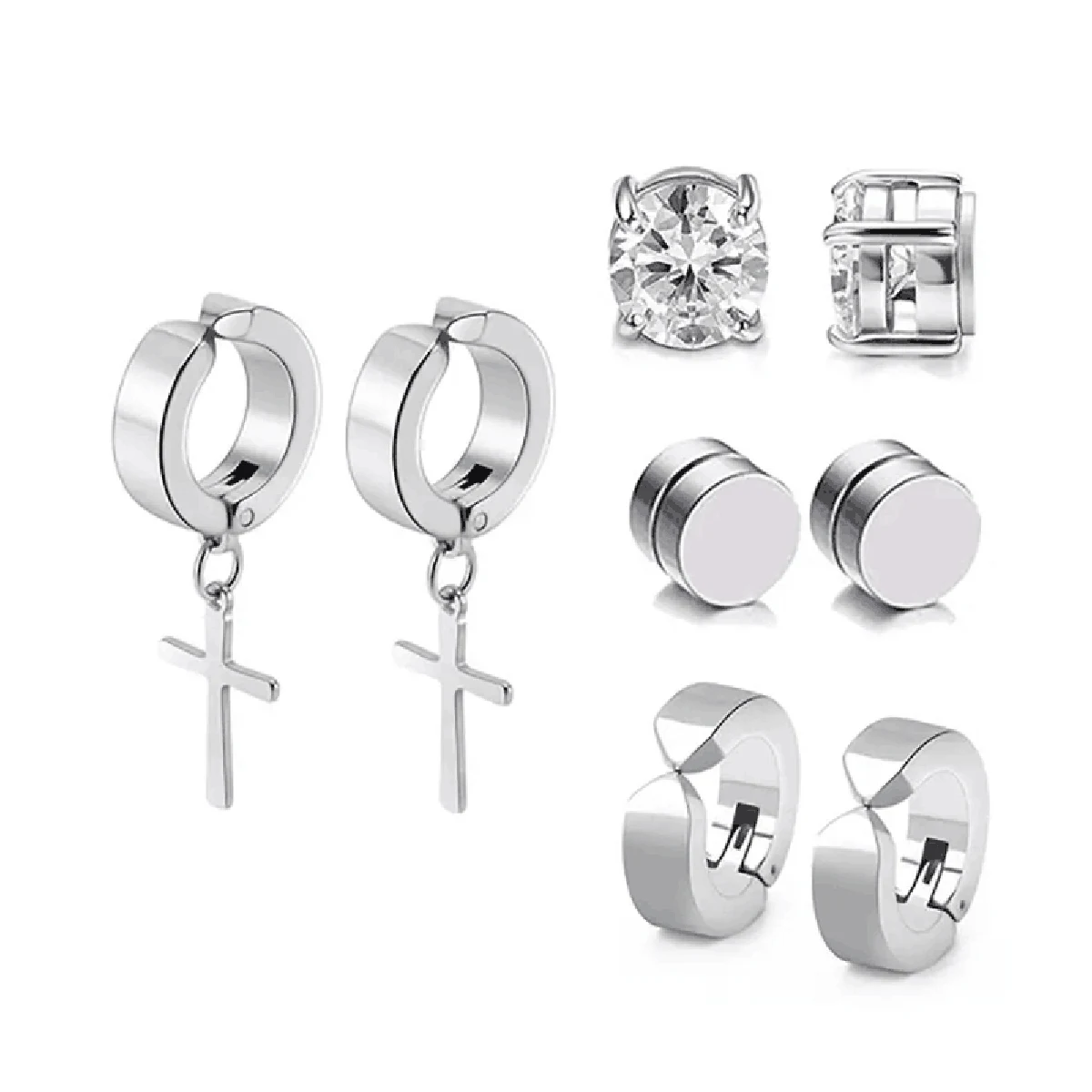 4 pairs of men's personalized cross magnets, stainless steel without ear holes, ear studs, ear bone clips, ear clips