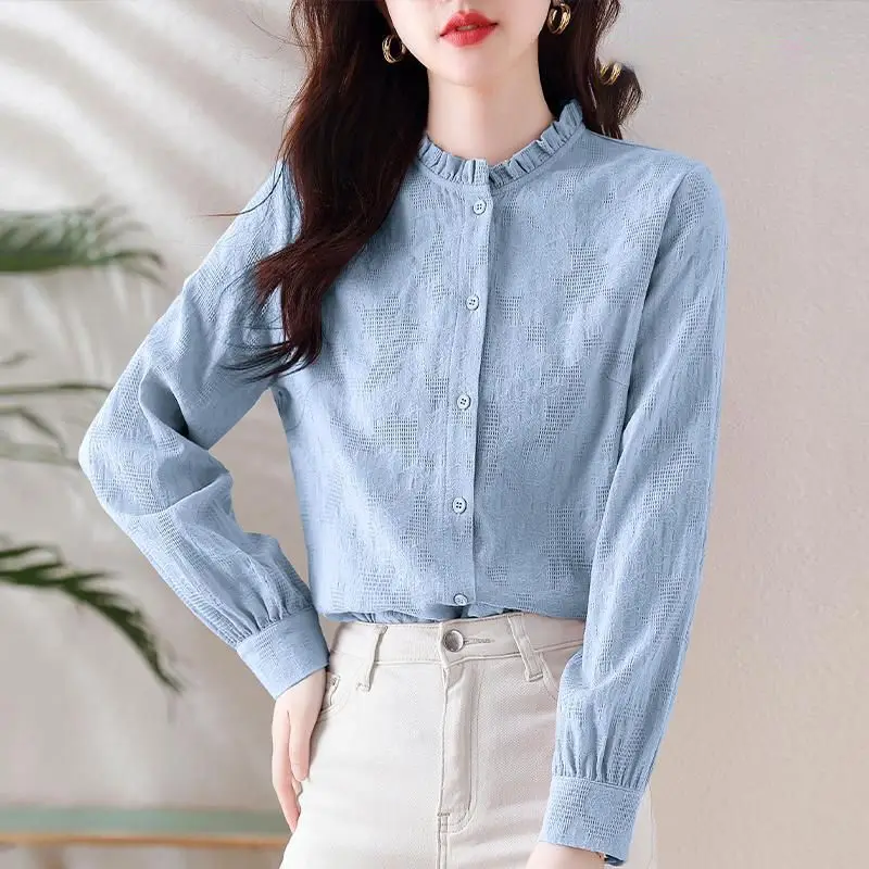 Autumn Winter New Fashion Standing Neck Long Sleeved Blouse Casual Versatile Western Solid Color Loose Clothing Women\'s Shirts