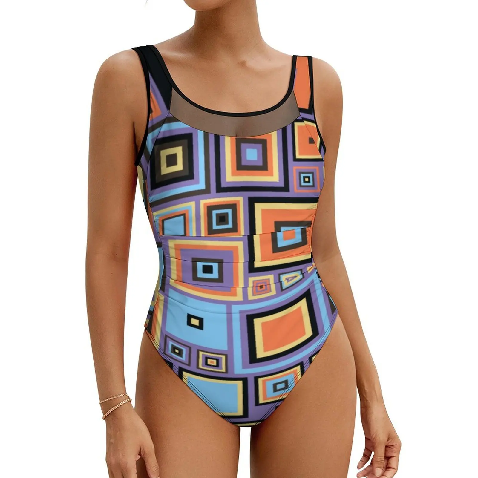

Colorful Retro 60s Swimsuit Sexy Geometric Vintage Lady Swimwear One-Piece Stylish Swimsuits Sport Push Up Sleeveless Beach Wear