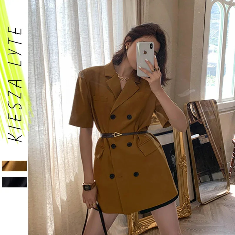 Summer Jackets Ladies Fashion Black Brown Notched Short Sleeves Double Breasted Femme Office Wear Women Thin Blazer Feminino