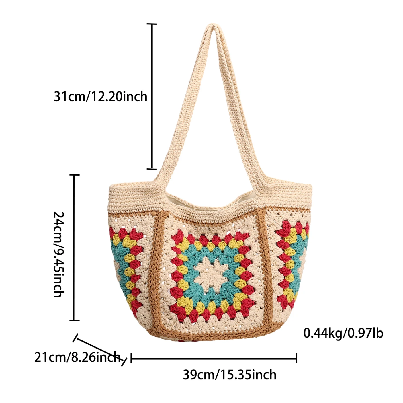 Women Tote Bag Floral Crochet Large Capacity Knitted Bag Trendy Handmade Cut-out Boho Bag Vintage Multicolor Hollow Out Handbag
