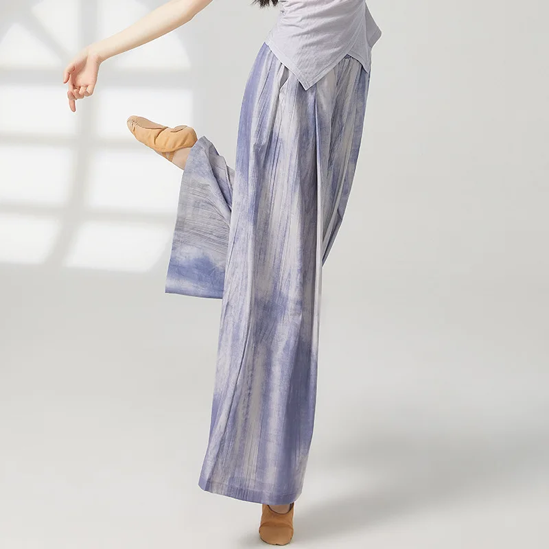 2025 Nuova danza classica cinese che scorre drappo pieghettato pantaloni a gamba larga pantaloni da danza moderna da donna pantaloni per esercizi per il corpo yoga