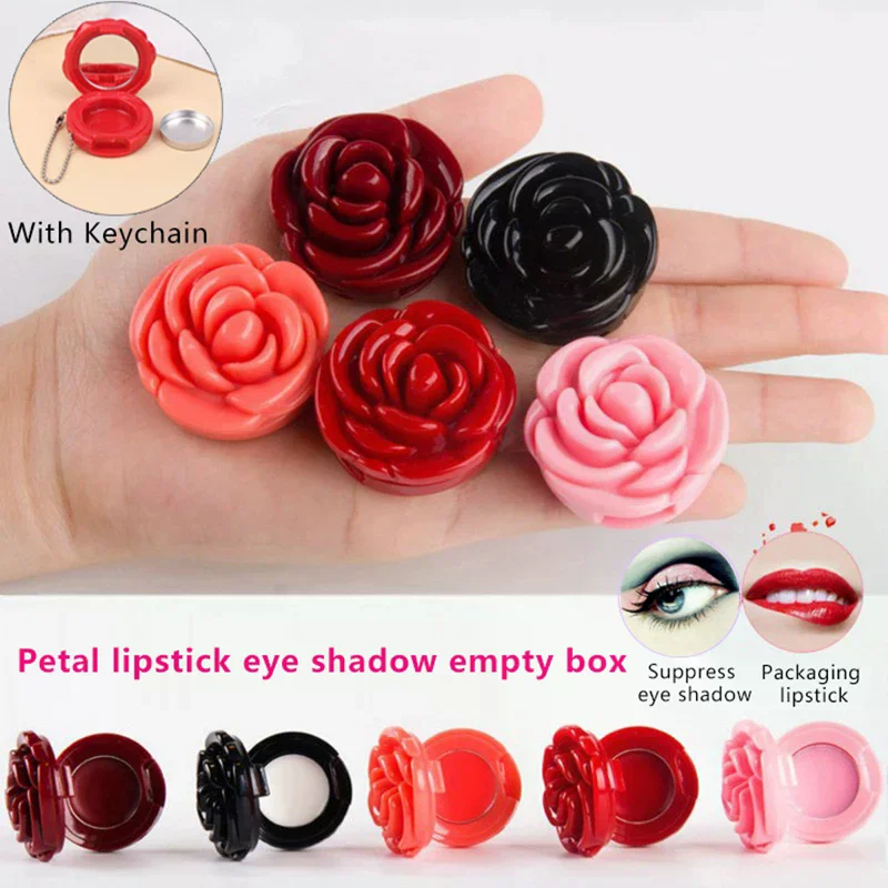 

Empty Eyeshadow Case With Keychain Rose Flower Shape Lipstick Box Cosmetic Packing Container Refillable Makeup Lip Mask Case