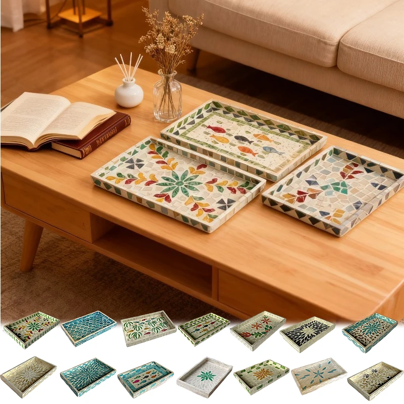 25x15cm Nordic Style Shell Inlaid Storage Tray Rectangular Oval Natural Handmade for Jewelry Cosmetics Living Room Home Decor