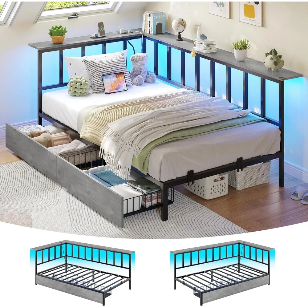 

Corner Bed Frame with 2 Storage Drawers, Modern Twin Daybed with Charging Station and LED Lights for Kids Teenagers, Metal