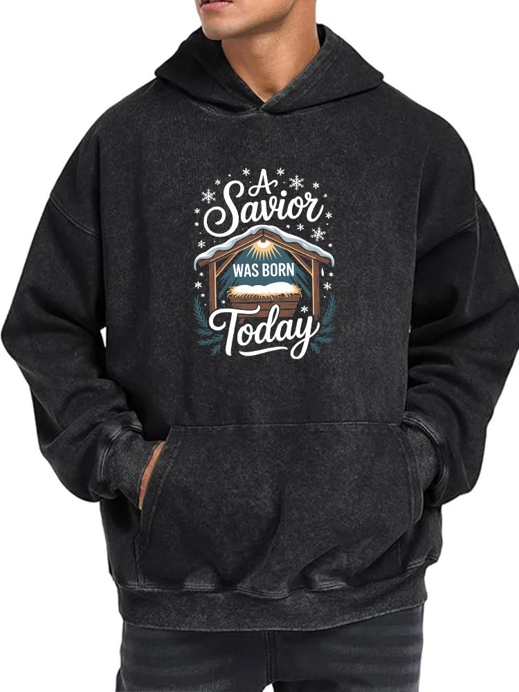 A Savior Was Born Today Men's Vintage Washed Graphic Hoodie Retro Distressed Pullover Streetwear Casual Sweatshirt