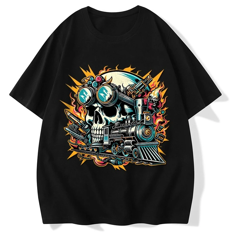 

New Japanese Trendy Brand Skull Pirate Short-sleeved T-shirt Large Size Locomotive Printing Pure Cotton Men's Clothing
