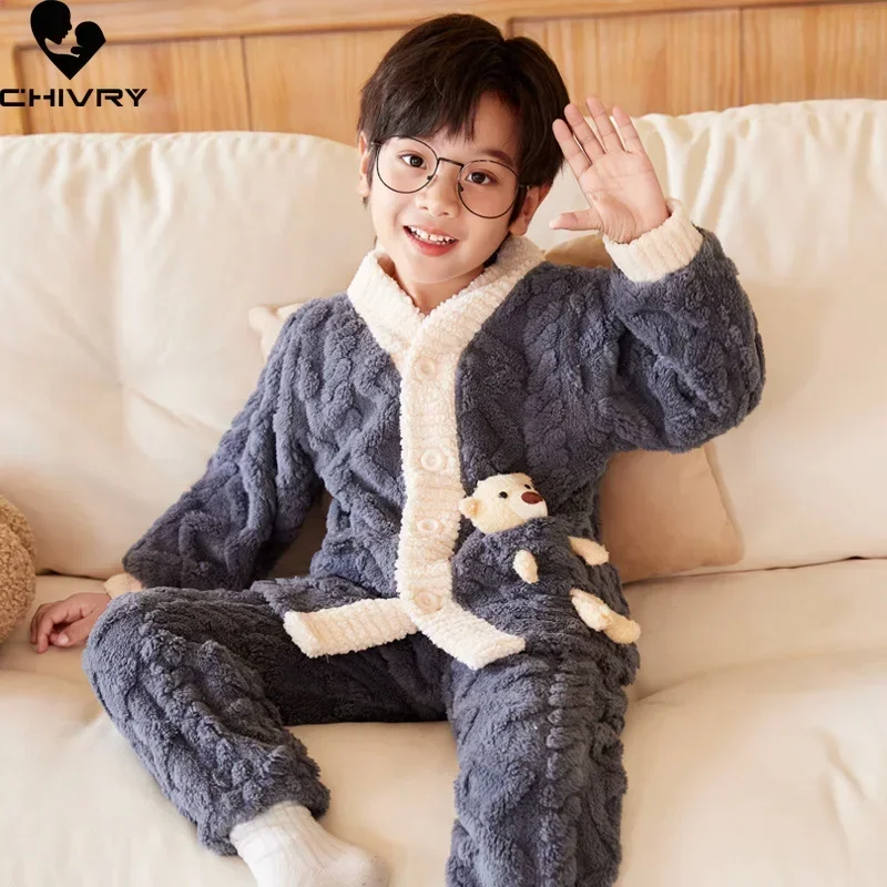 New Autumn Winter Kids Thicken Warm Flannel Pajamas Baby Boys Girls Cartoon Bear V-neck Casual Sleepwear Clothing Sets Pyjamas