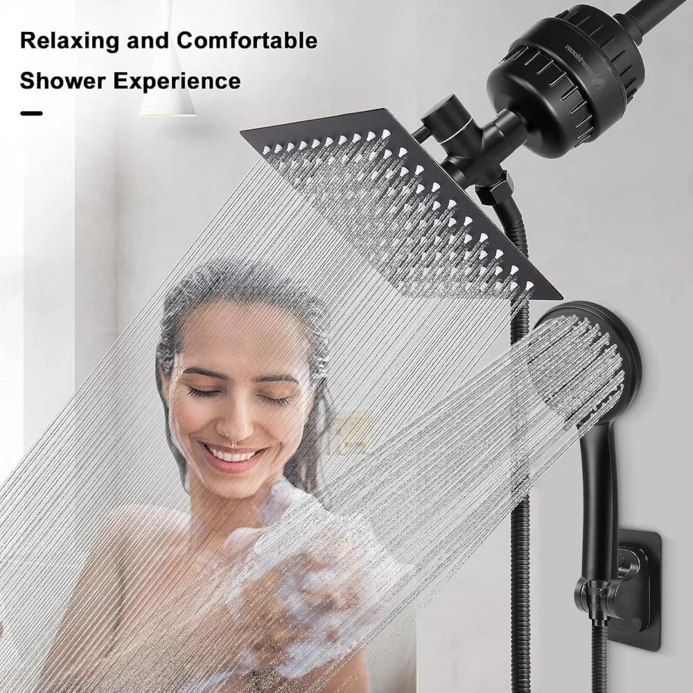 Filtered Rain Shower Head, High Pressure 8″Square, and 5 settings Handheld Showers Filter Combo, Shower Head