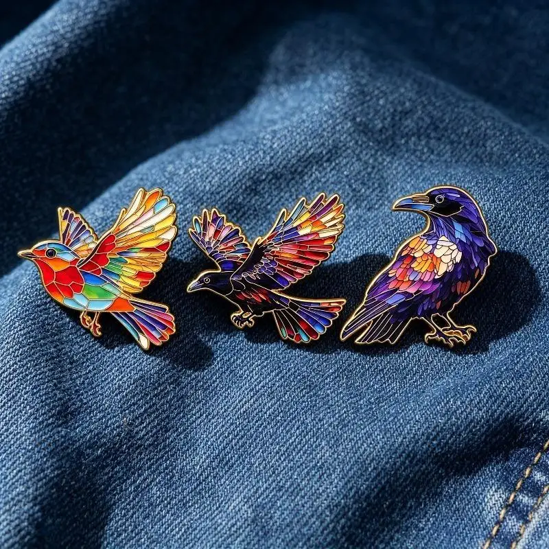 Hot Colorful Enamel Raven Brooch Stained Glass Inspired Design Sturdy Alloy Base For Jackets Backpacks Gothic Jewelry Lovers