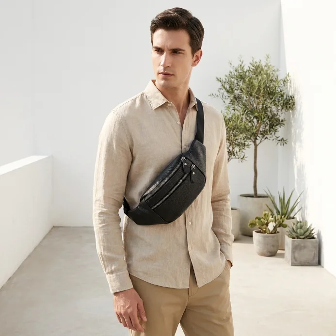Men's Genuine Leather Chest Bag Double Zipper Cowhide Fanny Pack Outdoor Sport Crossbody Sling Bag for Daily Commute & Travel