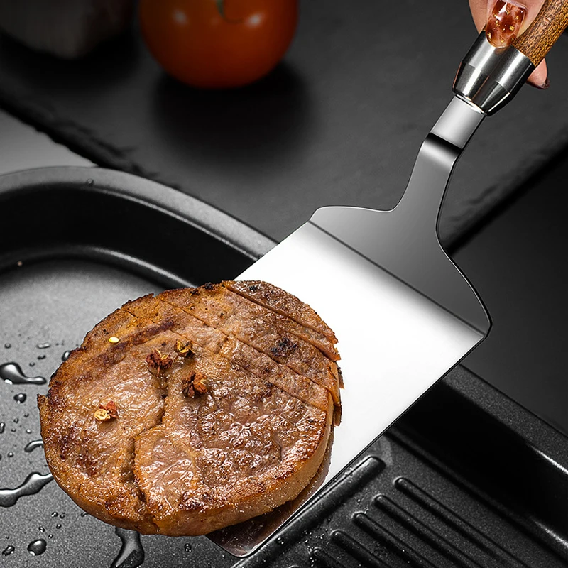 

430 Stainless Steel Steak Spatula Non-stick Pancake Barbecue Tongs Wood Handle Frying Fish Spatula Rust Resistant Kitchen Tool