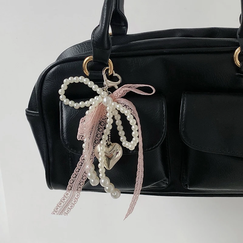 New! 1Pcs Sweet Lace Bow Beaded Bow Keychain Phone Charm Strap Pendant For Phone Accessories Bag Hanging Cord For Women Girl