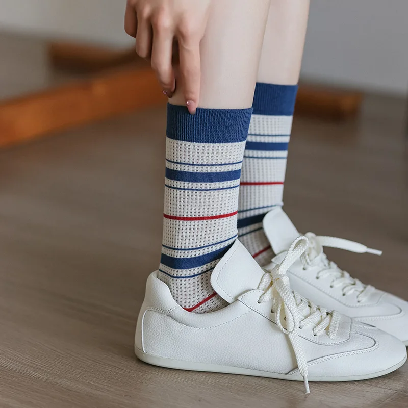 Multicolor Striped Middle Tube Socks Summer Thin Hollow Out Mesh Breathable Elastic Long Socks Women Japanese Kawaii Cute Socks