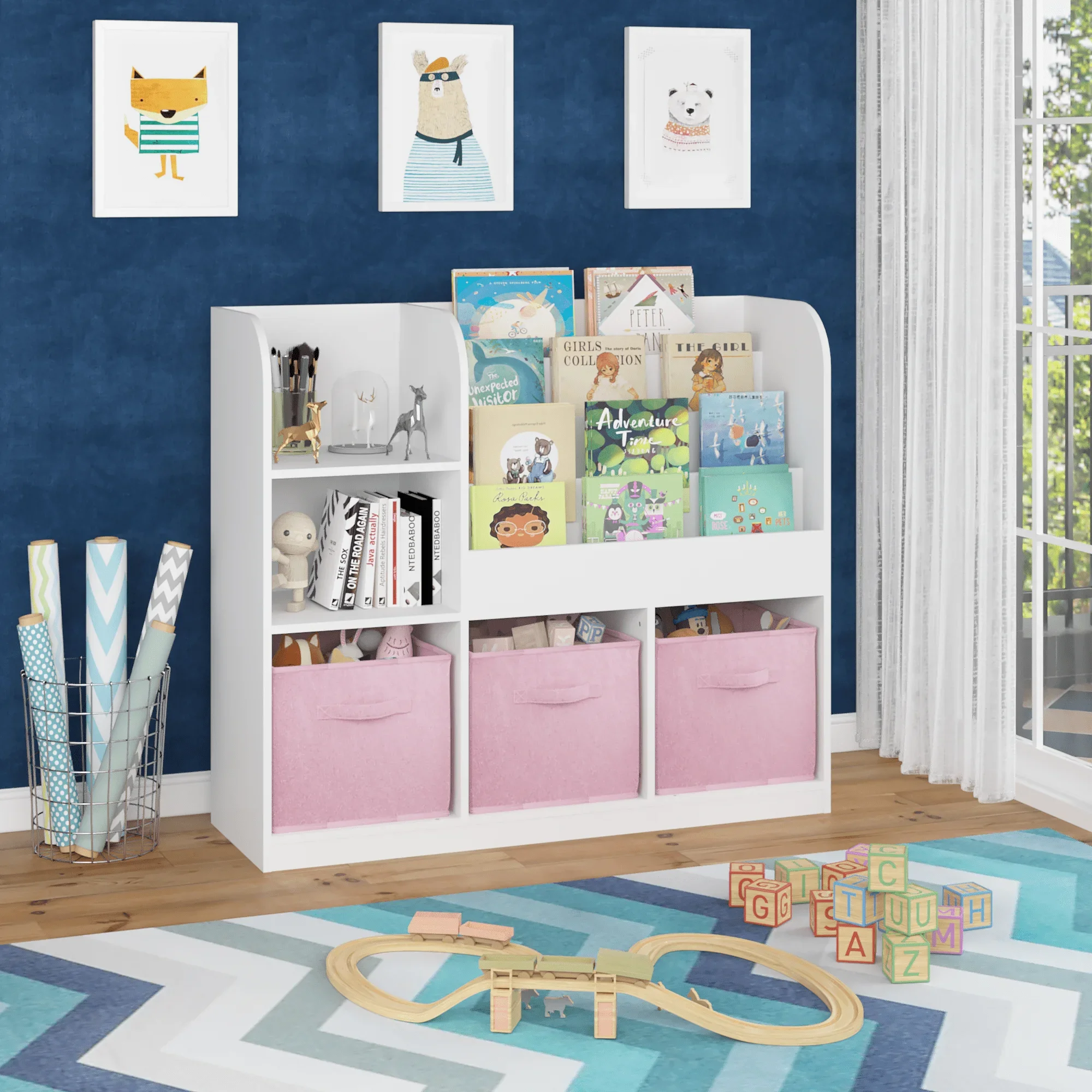 

Bookshelf with Storage Bins, Book Display, Anti-Tip for Kids, Pink