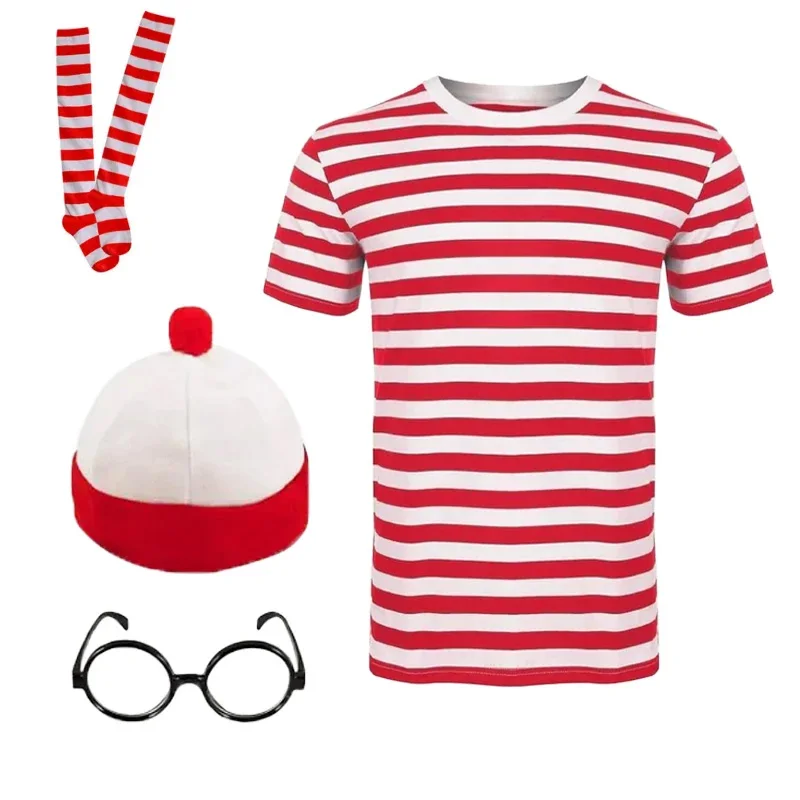 Wheres Waldo Family Wally Cosplay Costume pour enfants et adultes, manches courtes, lunettes et chapeau, chaussettes, Halloween, carnaval