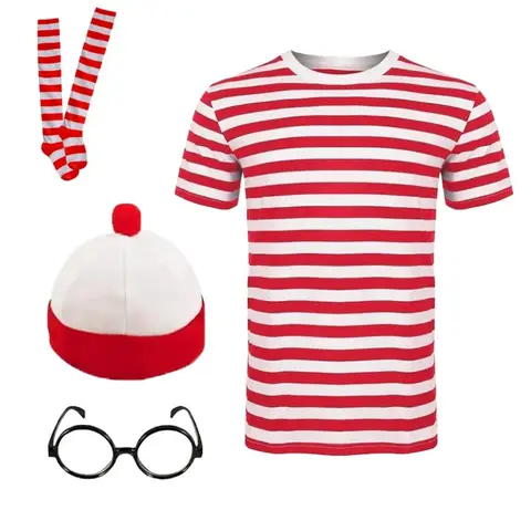 Wheres Waldo 패밀리 월리 코스프레 코스튬, 반팔 안경 및 모자 양말, 어린이 성인 할로윈 카니발 코스프레 코스튬 Wheres Waldo 패밀리 월리 코스프레 코스튬, 반팔 안경 및 모자 양말, 어린이 성인 할로윈 카니발 코스프레 코스튬