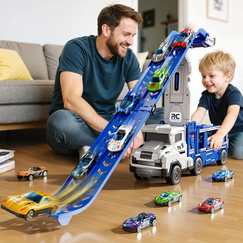 5 in 1 Dual Mode Rail Container Truck Toy Set with 4 Alloy Racing Cars Fun Transport Game for Boys And Girls Puzzle Gift