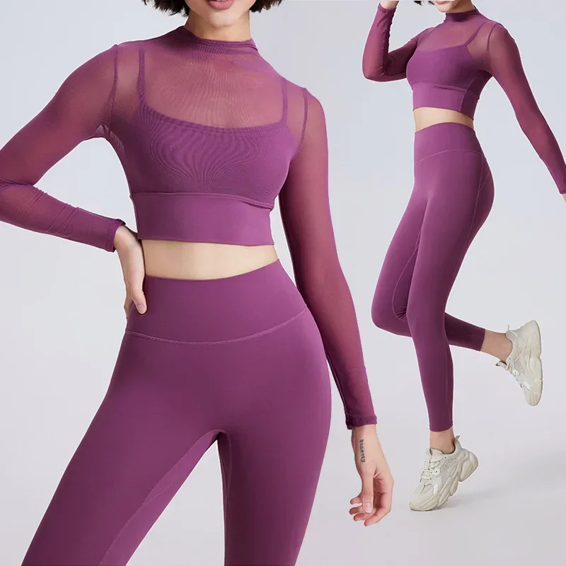 Yoga Set 2 Pieces Fitness Women Gym Suit Sexy Mesh Yoga Dress Long Sleeve with Chest Pad Sportswear Female Workout