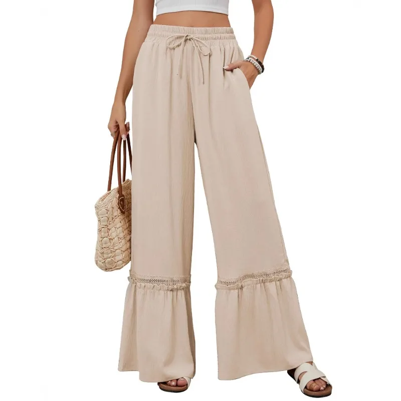 

New Solid-color High-waisted Casual Pants for Women, Thin and Versatile Drawstring Wide-leg Beach Pants