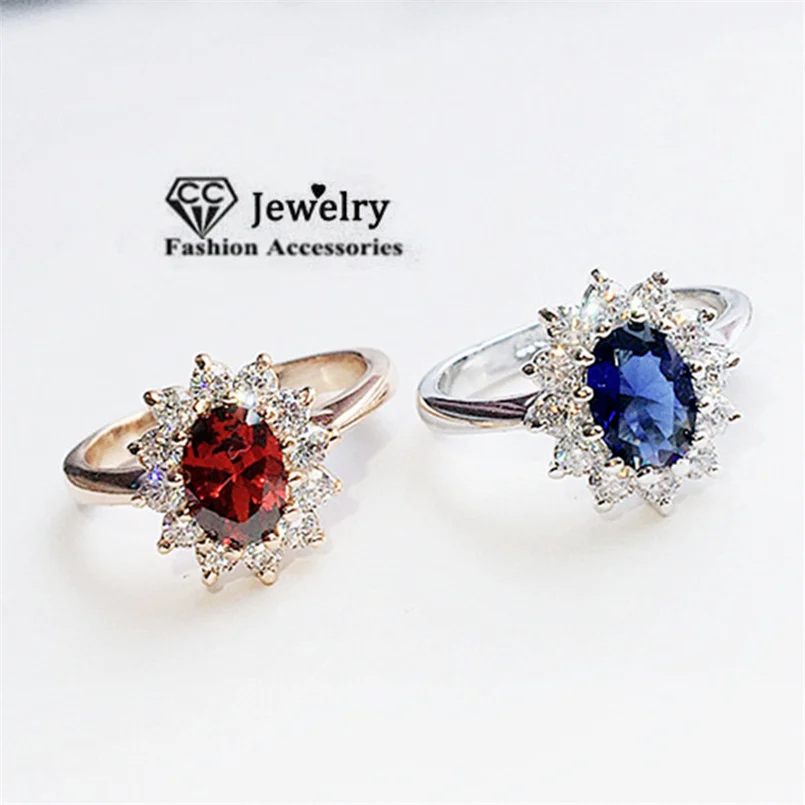 CC Princess Diana Rings Red Blue Stone Rose Gold Color Fashion Jewelry Wedding Engagement Party Accessories CC626