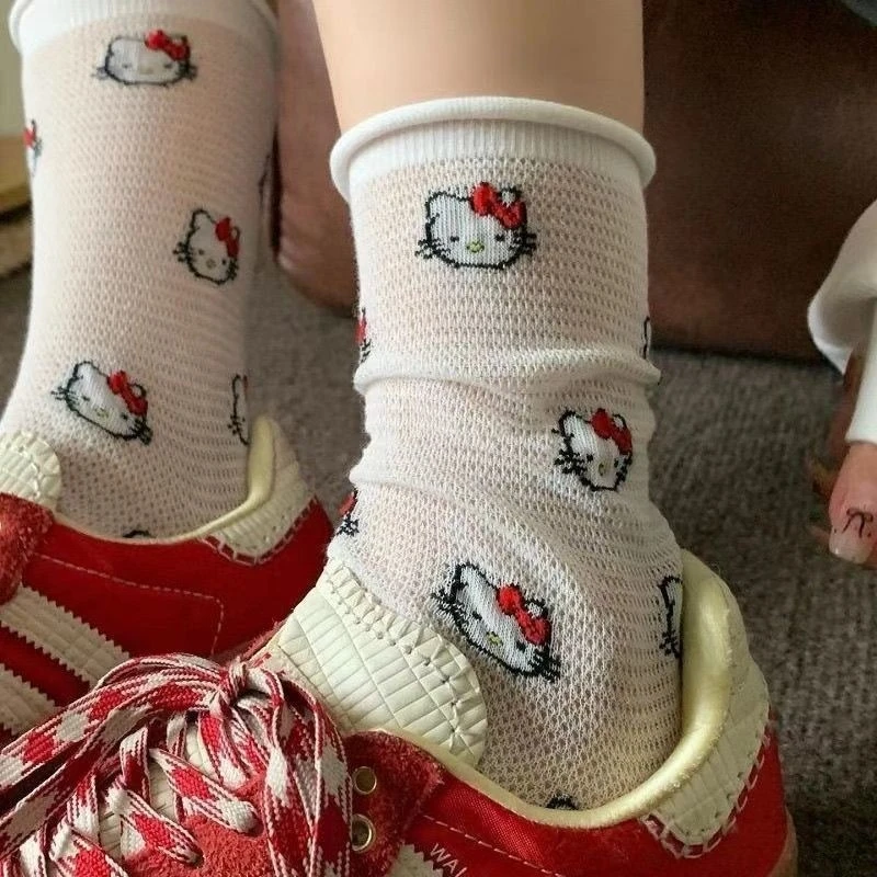 Chaussettes mi-mollet Hello Kitty pour femmes, édition fine, évider, respirant, nœud papillon, mignon Kawaii, habillage, été