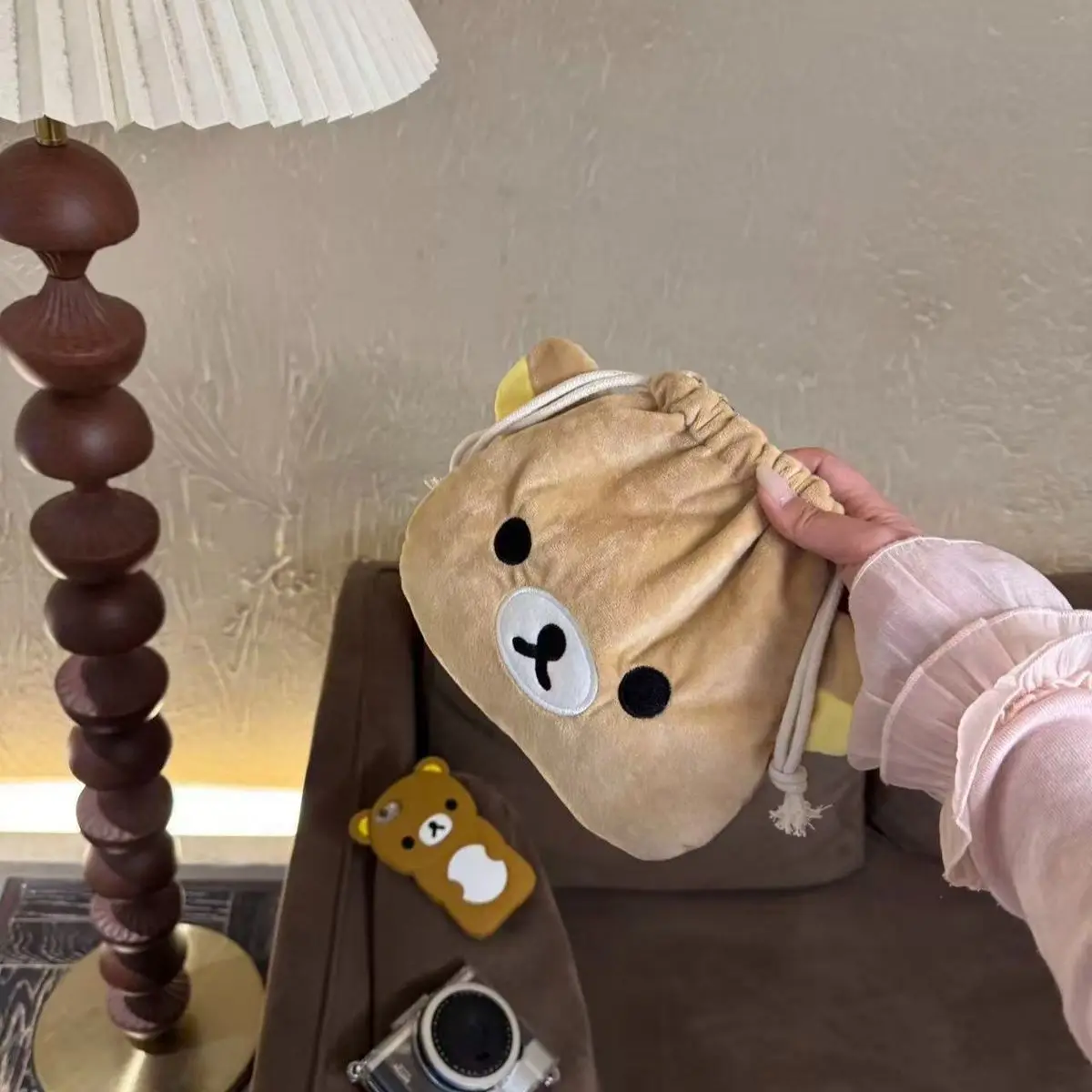 Cute Cartoon Bear Drawstring Bag Large Capacity Cosmetic Pouch Portable Storage Case for USB Cable Jewelry Makeup Brushes