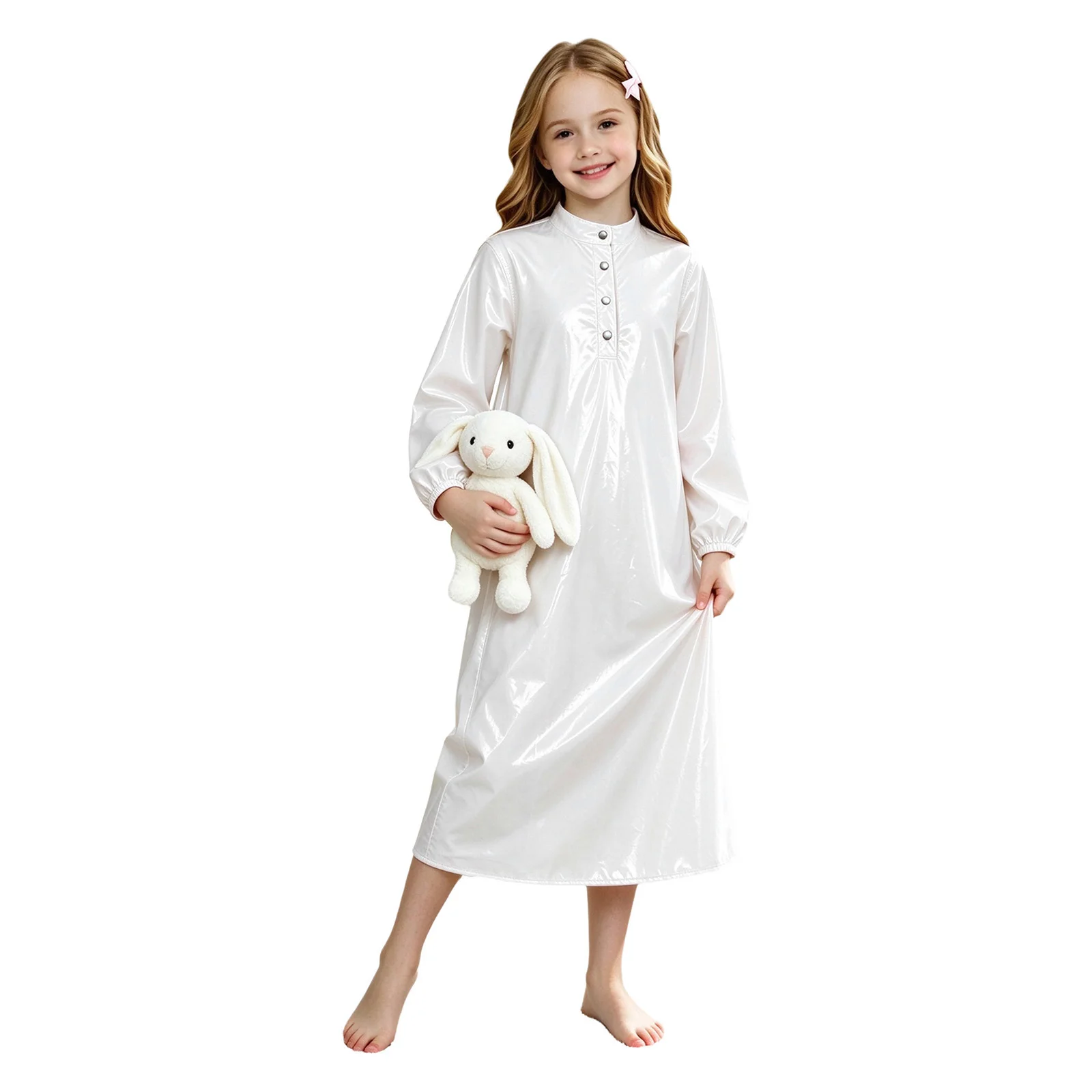 Kids Girls Water Resistant Sleep Dress Stand Collar Press Button Placket Long Sleeve Elastic Cuffs Robe Glossy Cover Up Dress