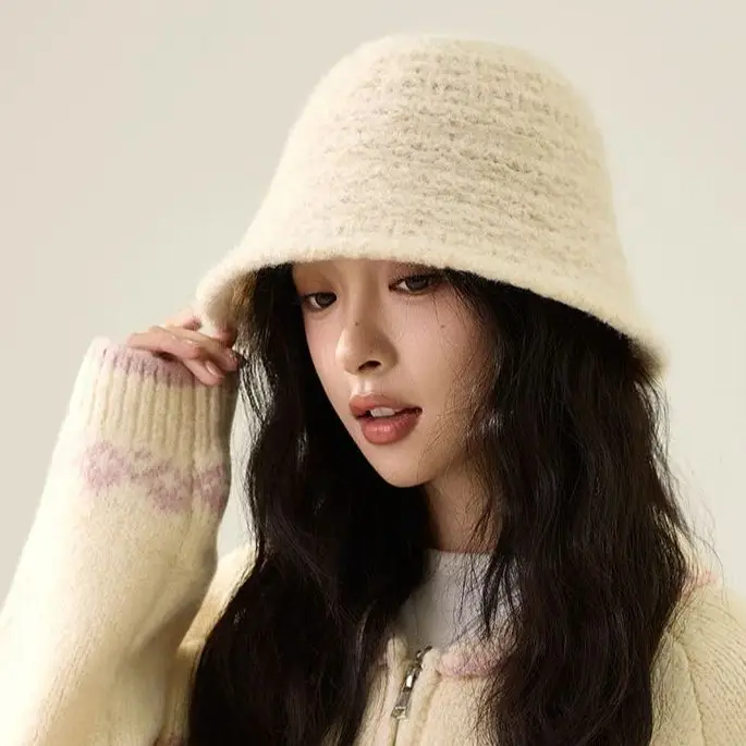 Fisherman's Hat for Women Autumn/Winter Knit Bucket Hat Face-Slimming Textured Bucket Hat Warm and Soft