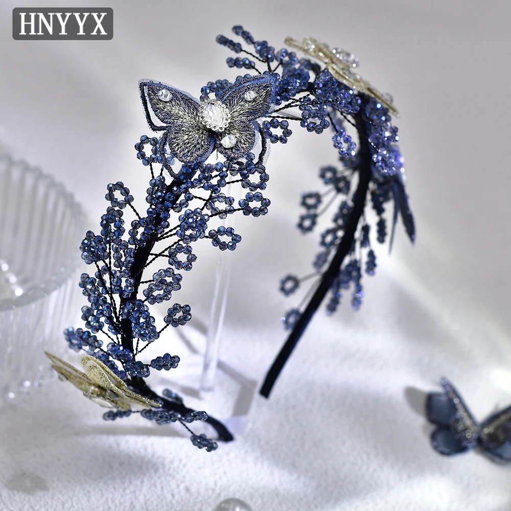 

HNYYX Vintage Beaded Handband Blue Butterfly Decoration Hair Accessorise Elegant Women Hand Piece Jewelry Bridal Headwear A208