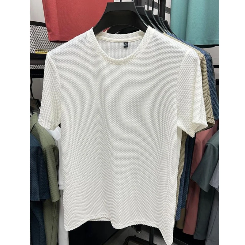 Summer Men's Elastic Mesh Ice Silk T-shirt Round Neck Half Short Sleeve