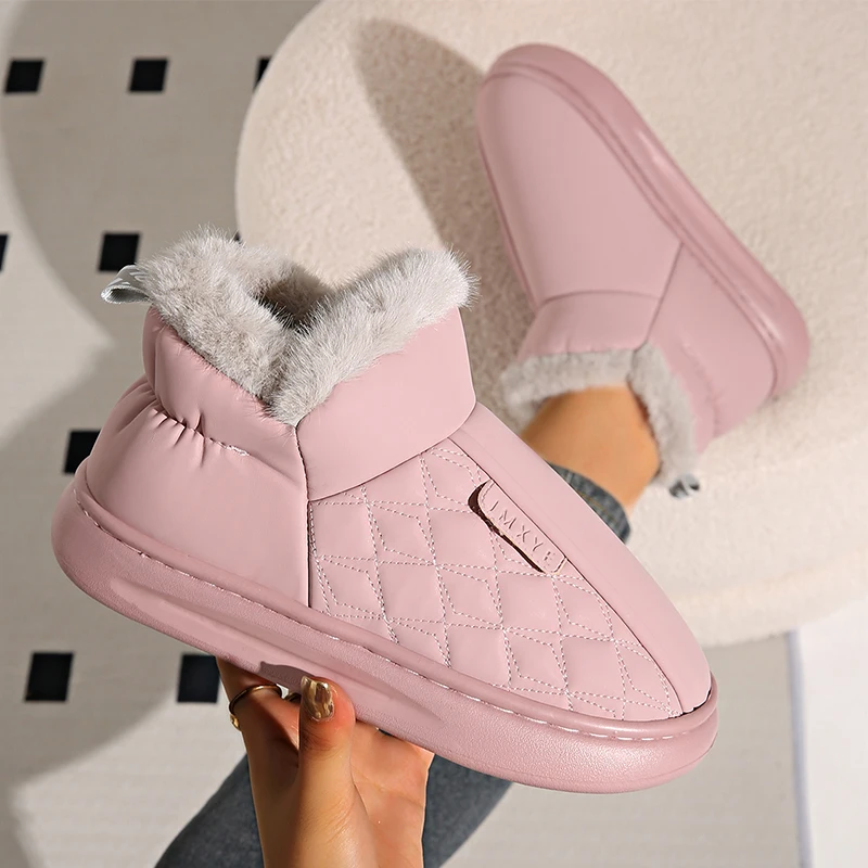 Bottes de rinçage courtes en peluche pour femmes, bottes de neige à plateforme optique douce, cuir PU simple, chaussures en coton, rose géométrique, chaud, hiver