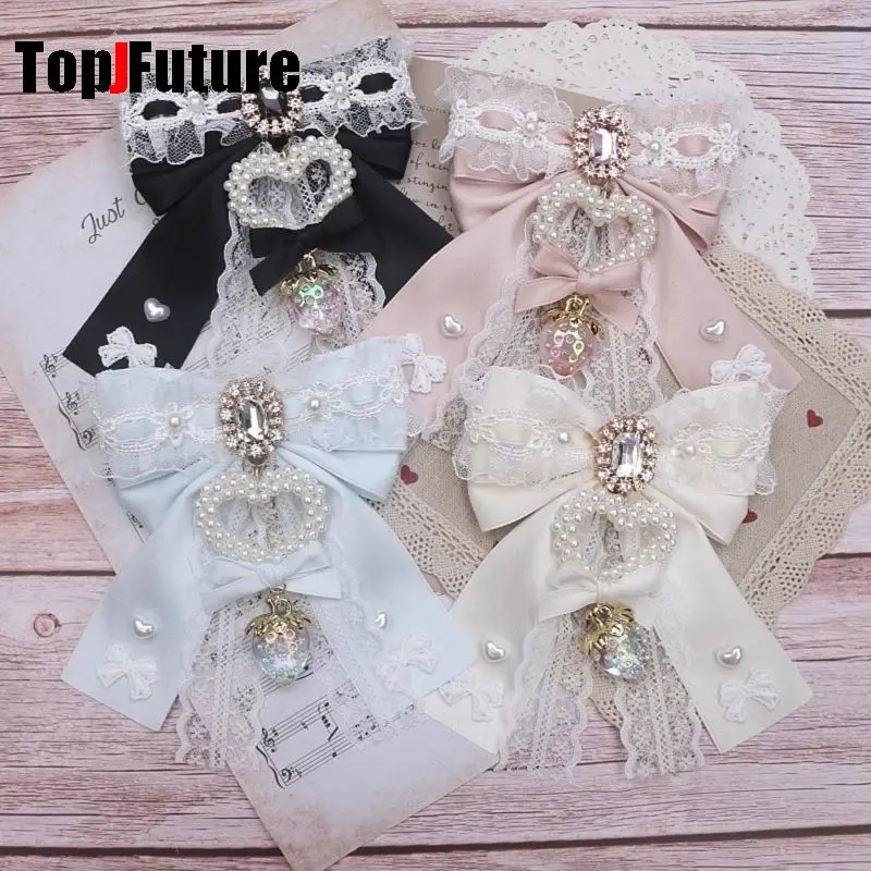 

Gothic Lolita Hair clips Y2K girl Harajuku women strawberry bow pearl lace Ruffle hairpin headdress Hairgrips Pendant Key Chain