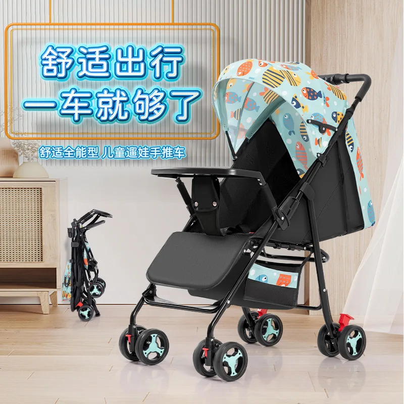 Baby stroller is lightweight foldable and can sit or lie down It is a four wheeled stroller for children babies and children